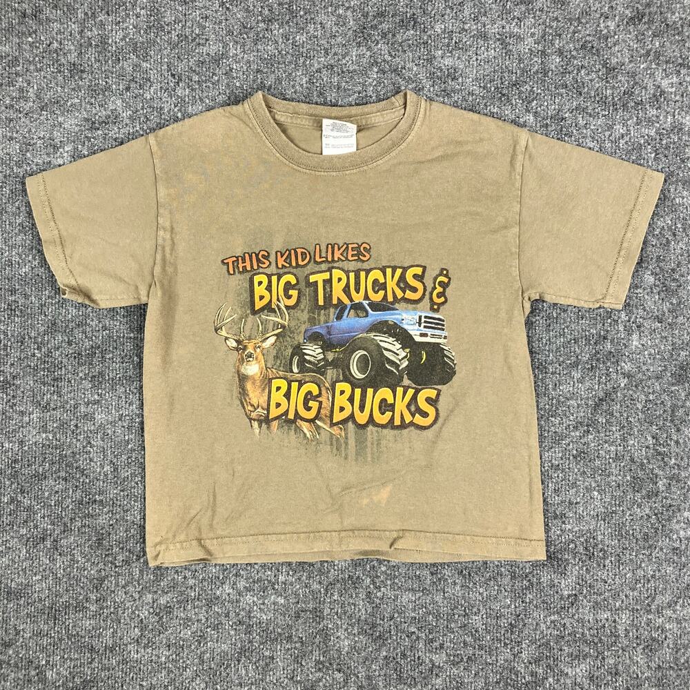 Gildan T-Shirt Youth XS‎ Tan Big Trucks Big Bucks Graphic Short Sleeve Deer Tee